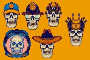 varios cráneos y engranajes para la cabeza conjunto de ilustración vectorial estilo de dibujos animados vector