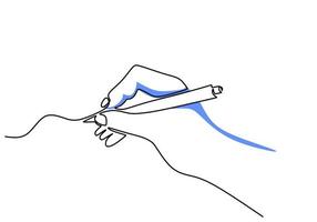 One continuous single line hand drawing of hand writing with pen vector