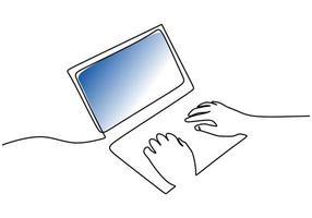 One continuous single line hand drawing of hand typing with laptop vector