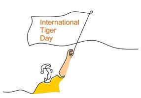 una sola línea continua día internacional del tigre con hombre traer bandera vector