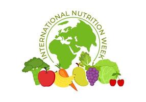 día de la semana de nutrición internacional con mapa mundial y varias frutas vector
