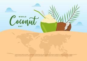 World coconut day with earth globe map and two coconuts on september 2 vector