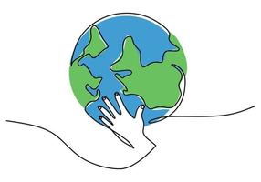 One continuous single line hand drawing of hand hold globe earth vector