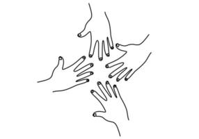 One continuous single line hand drawing of four opened hands vector