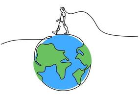 One continuous single line hand drawing of man walking on earth globe vector