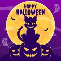 banner de bienvenida halloween, gato aterrador sentado en la ilustración de dibujos animados de calabaza vector