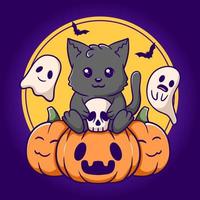 lindo gato sentado en calabaza, ilustración de dibujos animados de halloween vector