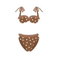 Separate women's swimsuit in brown polka dots with frilled cups and straps with ties. Fashionable illustration of clothes for sea holidays and sunbathing in hot summer. vector