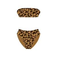 Split women's swimsuit with natural leopard print without straps. Fashionable illustration of clothes for sea holidays and sunbathing in hot summer. vector