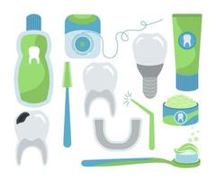 Teeth and oral hygiene products. Toothbrush, floss, paste, powder, rinse aid. Vector dental illustration for design and decoration.
