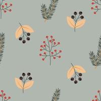 Seamless cozy autumn pattern with twigs and bushes with red and black berries. Vector illustration for warm falling, printing on clothes, packaging, fabric, paper.