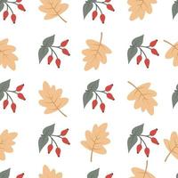 Seamless cozy autumn pattern with maple leaves, twigs and rosehip berries. Vector illustration for warm falling, printing on clothes, packaging, fabric, paper.