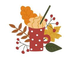 Autumn coffee in a mug with whipped cream. Vector cartoon illustration with fallen colorful leaves and berries. Pumpkin Latte applique for design, decoration, T-shirt printing