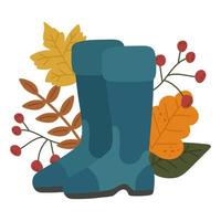 Autumn rubber boots. Vector cartoon illustration with fallen colorful leaves and berries. Applique for design, decoration, printing on a T-shirt