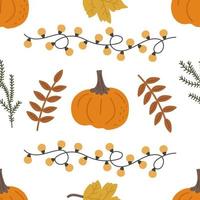 Seamless cozy autumn pattern with pumpkin, garland, twigs and leaves. Vector illustration for warm fall, printing on clothes, packaging, fabric, paper.