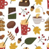 Seamless cozy autumn pattern with cream cake, coffee, latte, chocolate, cookies, chestnuts, berries and leaves. Vector illustration for warm fall, printing on clothes, packaging, fabric, paper.