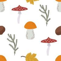 Seamless cozy autumn pattern with different mushrooms, leaves and twigs on a white background. Vector illustration for warm fall, printing on clothes, packaging, fabric, paper.