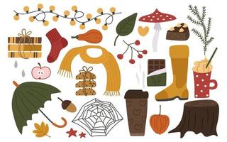 el otoño es un conjunto acogedor de elementos. paraguas, agárico de mosca, calabaza, physalis, libros, bufanda, café, chocolate, galletas, web. colección de ilustraciones vectoriales para caída de diseño o decoración. vector