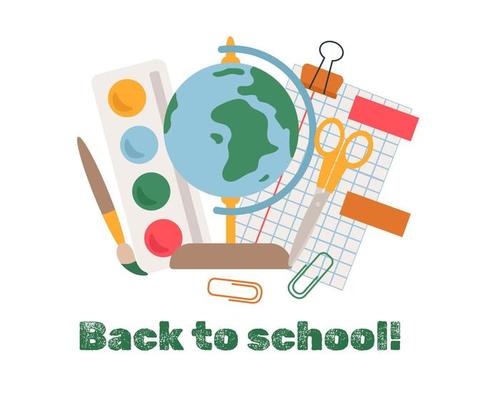 Banner Back to School with school stationery and text. A globe, a brush, paints, a sheet in a cage, scissors, paper clips. Vector isolated illustration for design or decoration.