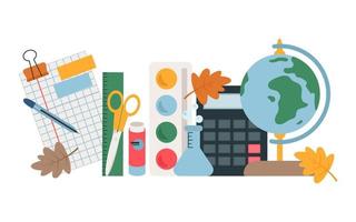 Banner with school and office stationery and text. A globe, a brush, paints, a sheet in a cage, scissors, paper clips, a calculator, glue. Vector isolated illustration for design or decoration.