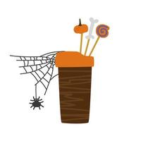 A paper cup of coffee for Halloween with lollipops and cobwebs. Vector thematic illustration isolated for falling design and decor.