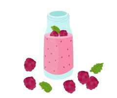 Smoothies with raspberries. Bright colorful summer set of ingredients. Vector illustration of healthy refreshing drinks.