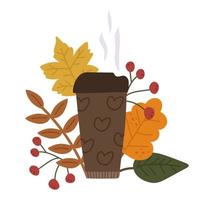 Autumn coffee in a paper cup. Vector cartoon illustration with fallen colorful leaves and berries. Applique with latte for design, decoration, printing on a T-shirt