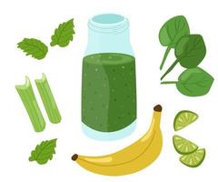 Green smoothie made of spinach, bananas, lime, celery, mint. Bright colorful summer set of ingredients. Vector illustration of healthy refreshing drinks.