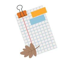 Sheet of paper in a notebook cage with multicolored stickers, a clip and an autumn leaf. Vector isolated illustration for design or decoration.