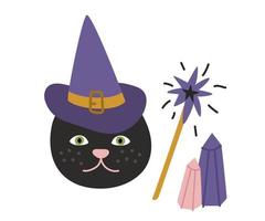 A wizard cat in a hat with a magic wand and crystals for Halloween. Vector thematic illustration isolated for falling design and decor.