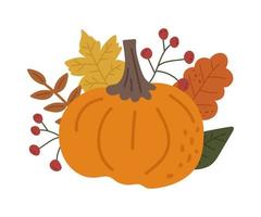 Autumn ripe orange pumpkin. Vector cartoon illustration with fallen colorful leaves and berries. Applique for design, decoration, printing on a T-shirt