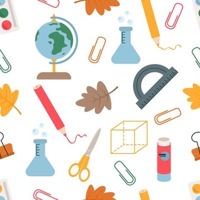 Seamless pattern with school stationery and text. A globe, a brush, paints, a sheet in a cage, scissors, paper clips, a calculator, glue. Vector background for printing on paper, fabric, packaging