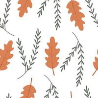 Seamless cozy autumn pattern with oak leaves and a twig. Vector illustration for warm falling, printing on clothes, packaging, fabric, paper.