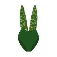 One-piece women's outdoor swimsuit in green with a gold ornament. Fashionable illustration of clothes for sea holidays and sunbathing in hot summer. vector