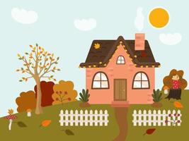 Autumn cozy rustic house with a brown roof. Cute rustic landscape with a white fence, tree, bushes, lawn. Vector illustration of a falling day outside the city.