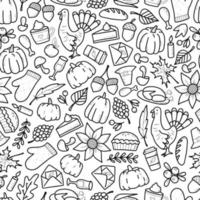 Thanksgiving seamless pattern with hand drawn cartoon doodles on white background. Good for prints, wrapping paper, coloring books, textile, wallpaper, scrapbooking. EPS 10 vector