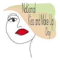 beso nacional y día de maquillaje, retrato estilizado de una chica con labios brillantes para afiche o pancarta vector