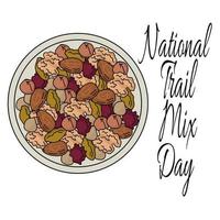 día nacional de mezcla de senderos, un conjunto de refrigerios saludables hechos de nueces y frutas secas vector