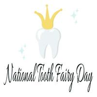 día nacional del hada de los dientes, diente de caricatura en corona mágica vector