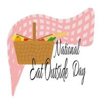 National Eat Outside Day, picnic basket and bright tablecloth for poster or banner vector