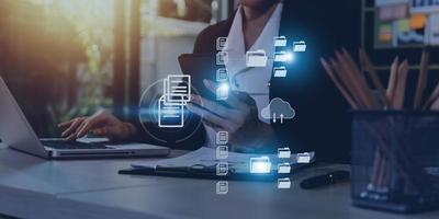 Document Management System , online documentation database and process automation to efficiently manage files, knowledge and documentation in enterprise with ERP. Corporate business technology. photo