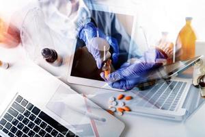 Double exposure of technology healthcare And Medicine concept. Two doctors using digital tablet and modern virtual screen interface icons panoramic banner, blurred background. photo