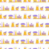 Seamless pattern with Colorful kitchen tools spade, knife, spatula, cutting board, masher, funnel, grater, rolling pin, spoons, cups.