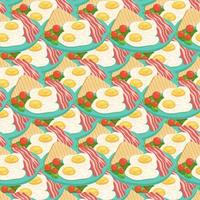 Seamless pattern with English traditional breakfast of scrambled eggs, bacon, toast with vegetables. vector