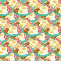 Seamless pattern with English traditional breakfast of scrambled eggs, bacon, toast with vegetables. vector