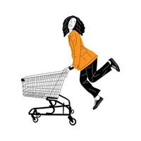 illustration of girl posing with shopping cart. girl jumping vector