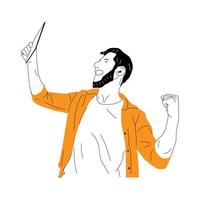 illustration of man looking at his tablet and shouting happy vector