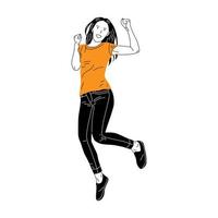 hand drawn happy woman jumping and happy vector