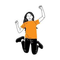 hand drawn happy woman jumping and happy vector