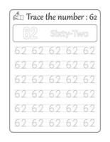 Trace the number 62. Number Tracing for Kids vector